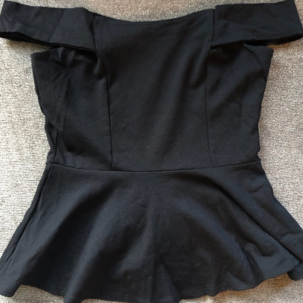 Sandy style peplum black top, off-shoulder